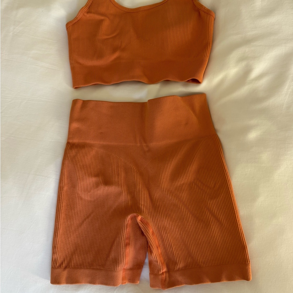 Orange Ribbed Crop Top and Shorts Set